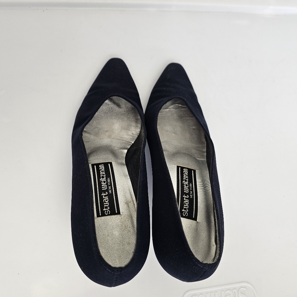 Vintage Stuart Weitzman Navy Blue Silver Interior Kitten Heels 8W - Picture 6 of 6